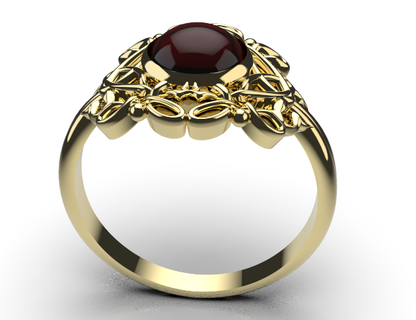 Size R - Genuine 9ct 9k 375 Yellow, Rose or White Gold Round Red Cabochon Garnet Fancy Filigree Ring