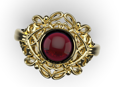 Size R - Genuine 9ct 9k 375 Yellow, Rose or White Gold Round Red Cabochon Garnet Fancy Filigree Ring