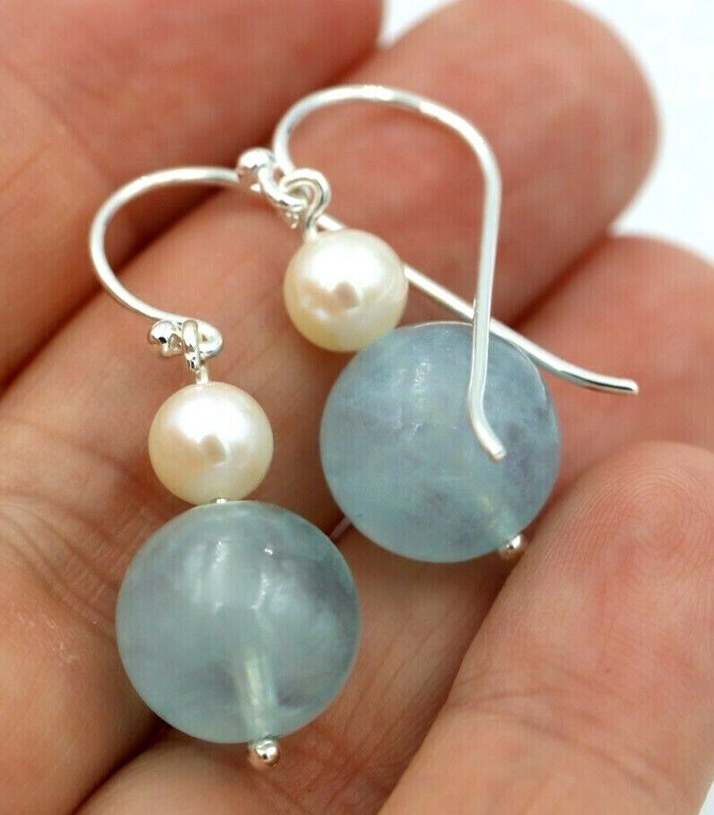 Sterling Silver 925 Freshwater Cultured Pearl & Natural Aquamarine Hook Earrings