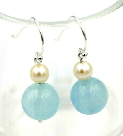 Sterling Silver 925 Freshwater Cultured Pearl & Natural Aquamarine Hook Earrings