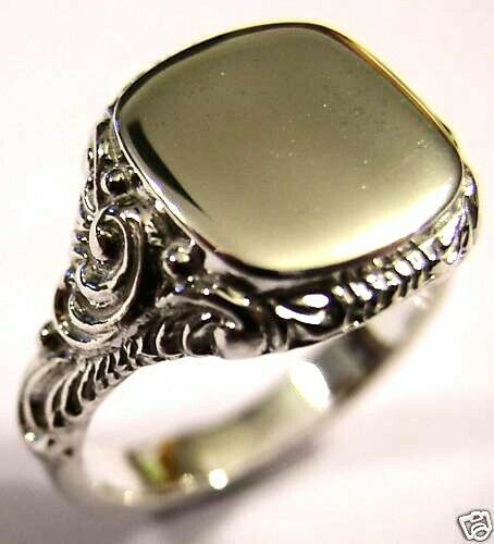 Genuine Large Mens 9ct 9k 375 White Gold Square Engraved Signet Ring