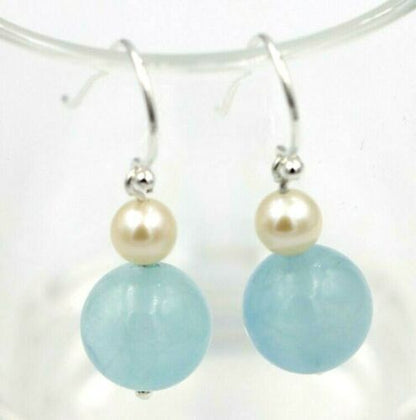 Sterling Silver 925 Freshwater Cultured Pearl & Natural Aquamarine Hook Earrings