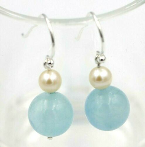 Sterling Silver 925 Freshwater Cultured Pearl & Natural Aquamarine Hook Earrings