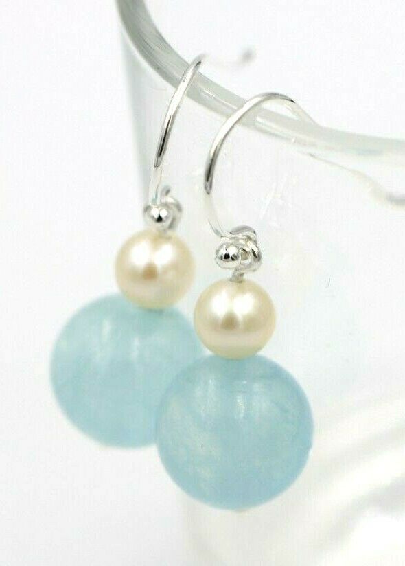 Sterling Silver 925 Freshwater Cultured Pearl & Natural Aquamarine Hook Earrings