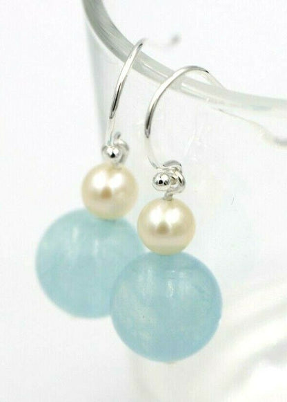 Sterling Silver 925 Freshwater Cultured Pearl & Natural Aquamarine Hook Earrings