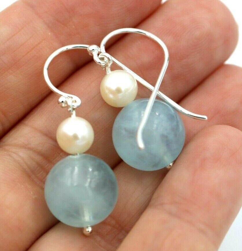 Sterling Silver 925 Freshwater Cultured Pearl & Natural Aquamarine Hook Earrings