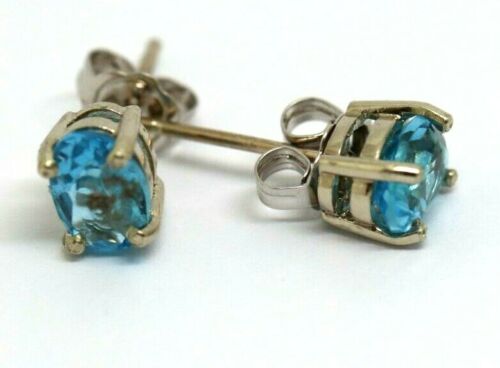 Genuine 9ct White Gold Genuine Natural Oval Blue Topaz Stud Earrings