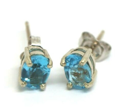 Genuine 9ct White Gold Genuine Natural Oval Blue Topaz Stud Earrings