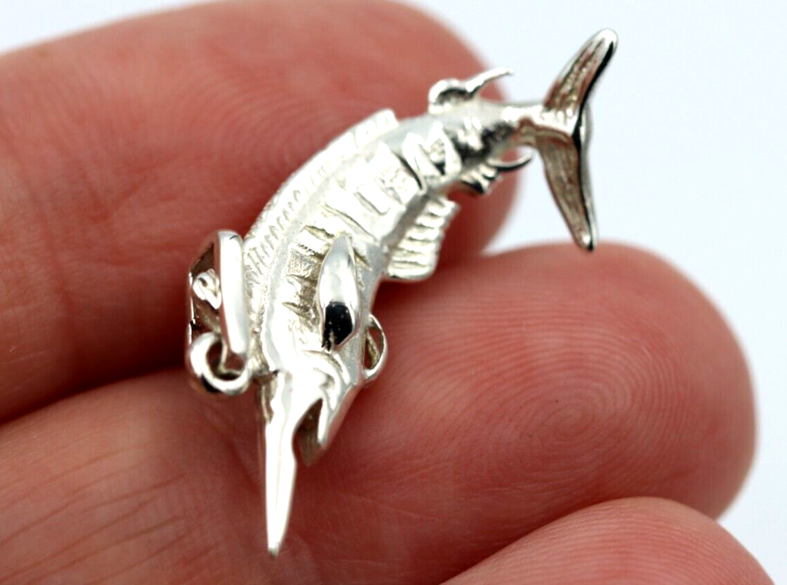 Genuine Sterling Silver 925 Large Marlin Solid Pendant Charm
