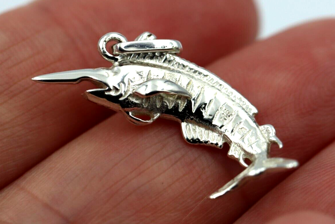 Genuine Sterling Silver 925 Large Marlin Solid Pendant Charm