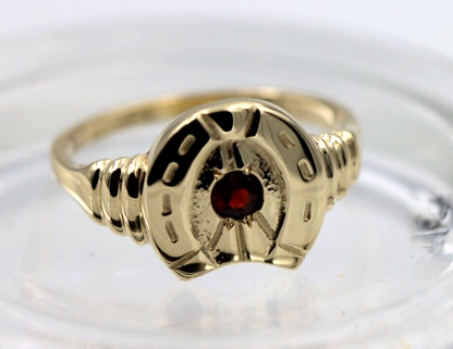 Size N 1/2,  Large 9ct 9k Genuine Yellow, Rose or White Gold 3mm Ruby Lucky Horse Shoe Ring