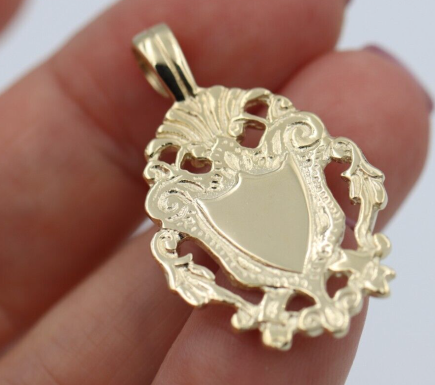 Genuine Solid 9K 9ct 375 Yellow, Rose or White Gold Filigree Shield FOB Pendant