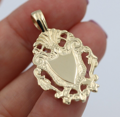 Genuine Solid 9K 9ct 375 Yellow, Rose or White Gold Filigree Shield FOB Pendant