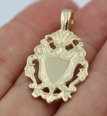 Genuine Solid 9K 9ct 375 Yellow, Rose or White Gold Filigree Shield FOB Pendant