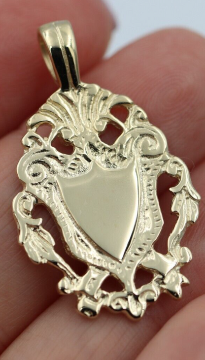 Genuine Solid 9K 9ct 375 Yellow, Rose or White Gold Filigree Shield FOB Pendant