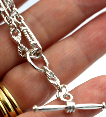 Heavy Genuine Sterling Silver Antique Fancy Oval Belcher Link FOB Chain Necklace + T-Bar