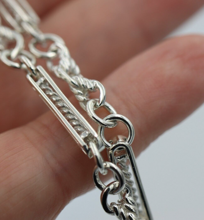 Heavy Genuine Sterling Silver Antique Fancy Oval Belcher Link FOB Chain Necklace + T-Bar