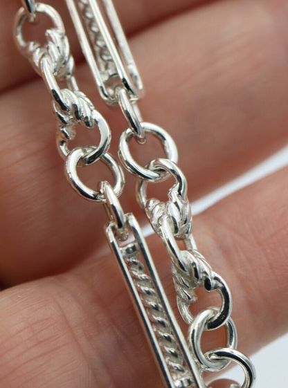 Heavy Genuine Sterling Silver Antique Fancy Oval Belcher Link FOB Chain Necklace + T-Bar