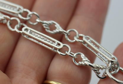 Heavy Genuine Sterling Silver Antique Fancy Oval Belcher Link FOB Chain Necklace + T-Bar