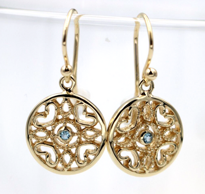 Genuine 9ct 9k 375 Yellow, Rose or White Gold Topaz Disc Heart Filigree Hook Earrings