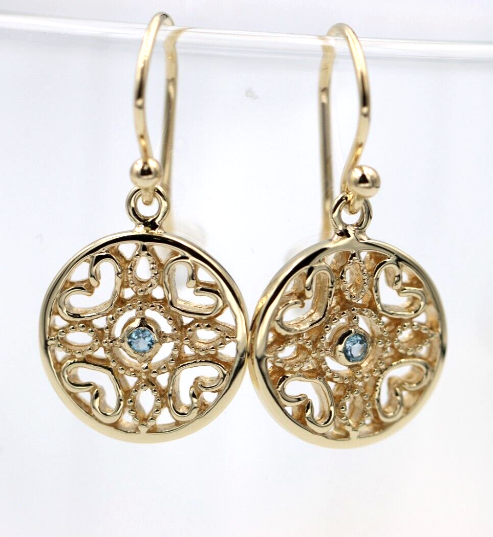 Genuine 9ct 9k 375 Yellow, Rose or White Gold Topaz Disc Heart Filigree Hook Earrings