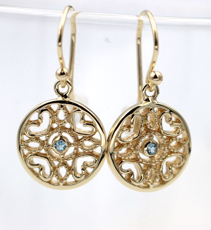 Genuine 9ct 9k 375 Yellow, Rose or White Gold Topaz Disc Heart Filigree Hook Earrings