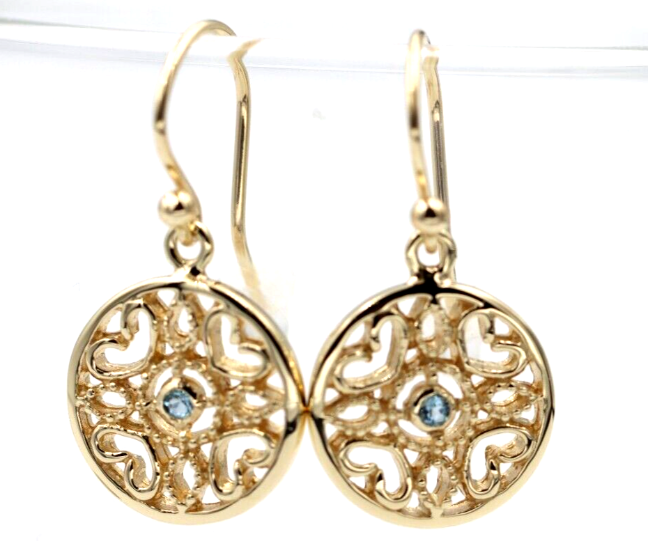 Genuine 9ct 9k 375 Yellow, Rose or White Gold Topaz Disc Heart Filigree Hook Earrings