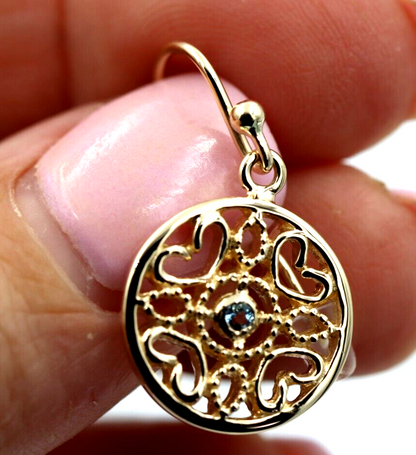 Genuine 9ct 9k 375 Yellow, Rose or White Gold Topaz Disc Heart Filigree Hook Earrings
