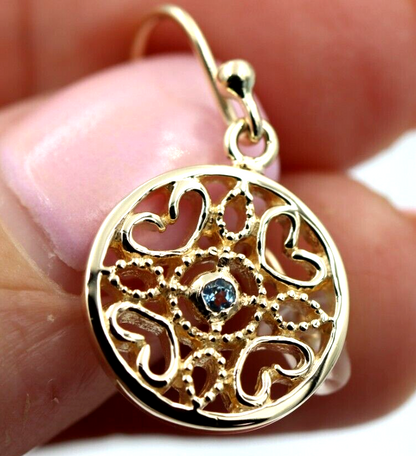 Genuine 9ct 9k 375 Yellow, Rose or White Gold Topaz Disc Heart Filigree Hook Earrings