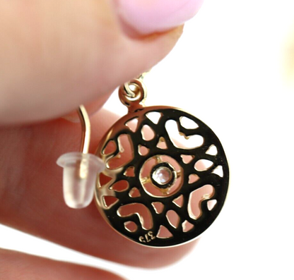 Genuine 9ct 9k 375 Yellow, Rose or White Gold Topaz Disc Heart Filigree Hook Earrings