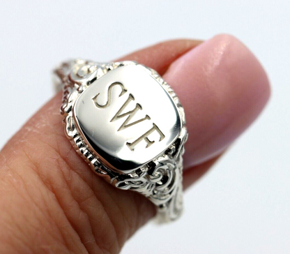 Genuine Solid Sterling Silver Square Engraved Signet Ring + Engraving - Choose your size