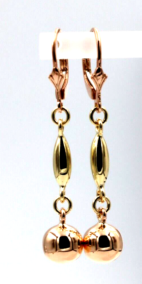 Genuine 9ct Yellow & Rose Gold 8mm Ball Long Drop Earrings + Rose Continental Hooks