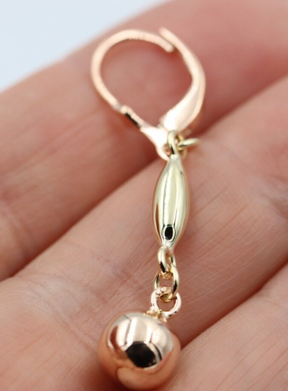 Genuine 9ct Yellow & Rose Gold 8mm Ball Long Drop Earrings + Rose Continental Hooks