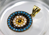 Genuine 14ct Yellow Gold Cubic Zirconia Greek Mati Round Evil Eye Turquoise Pendant