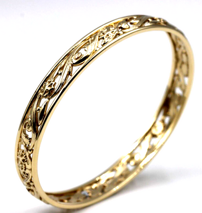 Genuine Heavy 9ct Yellow, Rose or White Gold Filigree Heavy Oval Flower Bangle 70mm x 60mm