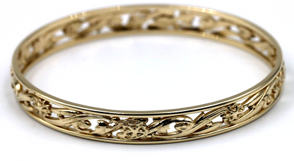 Genuine Heavy 9ct Yellow, Rose or White Gold Filigree Heavy Oval Flower Bangle 70mm x 60mm