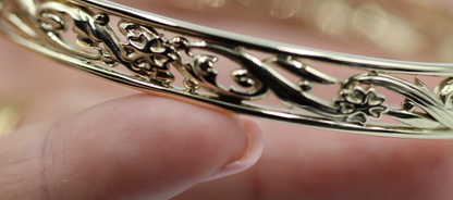 Genuine Heavy 9ct Yellow, Rose or White Gold Filigree Heavy Oval Flower Bangle 70mm x 60mm