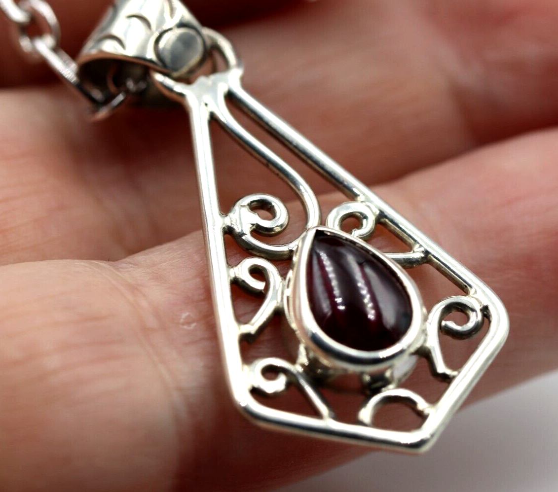 Sterling Silver 925 Cabochon Ruby Swirl Pendant + 55cm Chain/Necklace