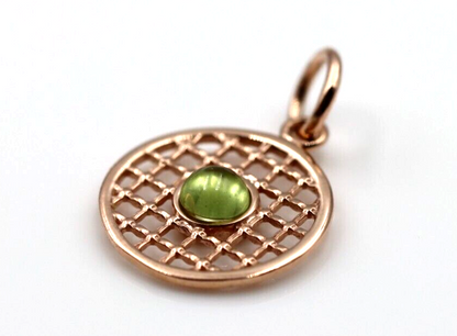 Genuine 9ct 9k 375 Yellow, Rose or White Gold 13.5mm Cabochon Peridot Filigree Disc round circle pendant