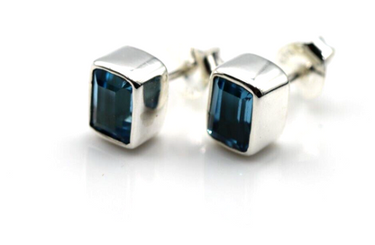 Sterling Silver 925 London Blue Topaz Bezel Rectangle Stud Earrings