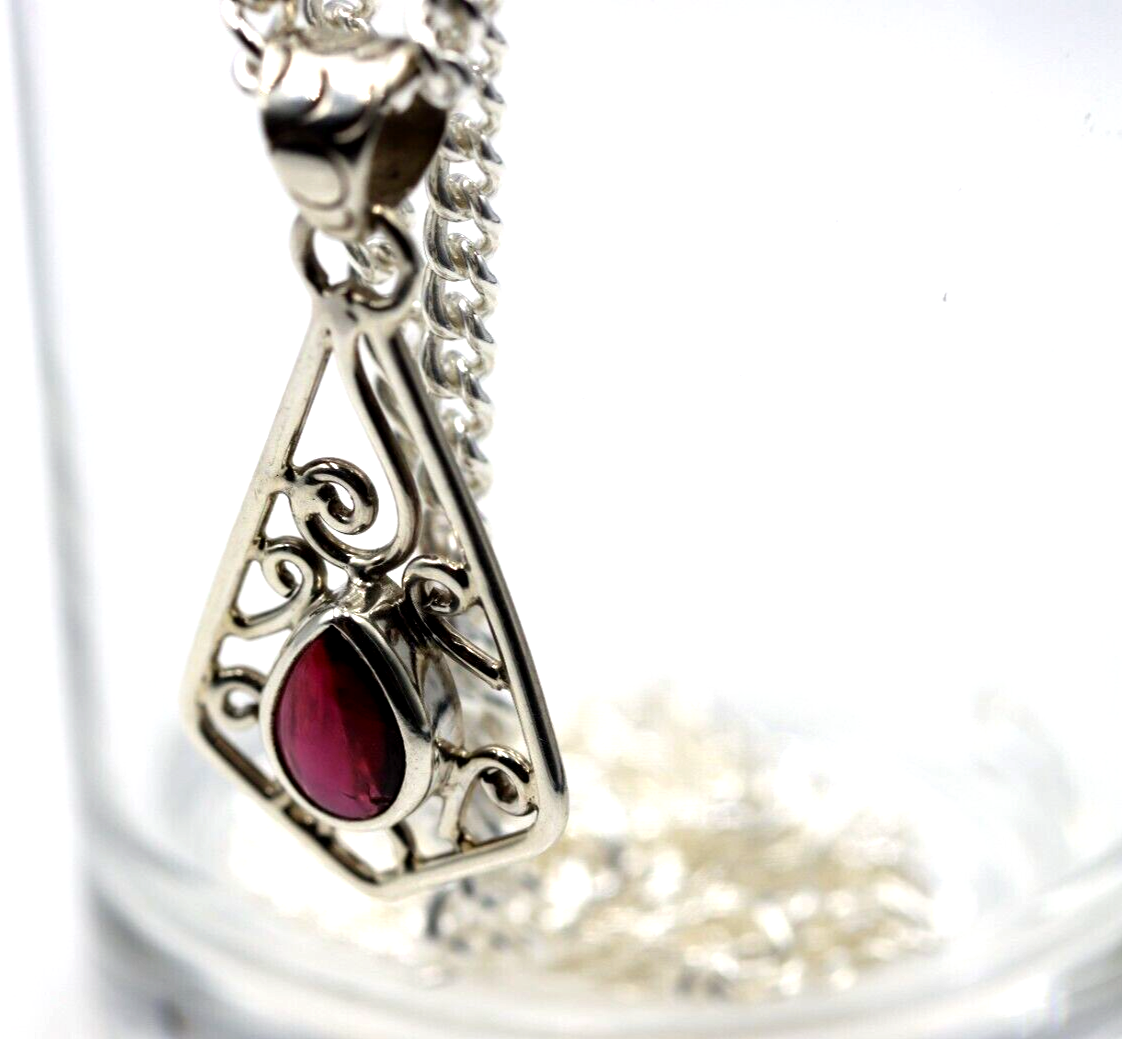 Sterling Silver 925 Cabochon Ruby Swirl Pendant + 55cm Chain/Necklace