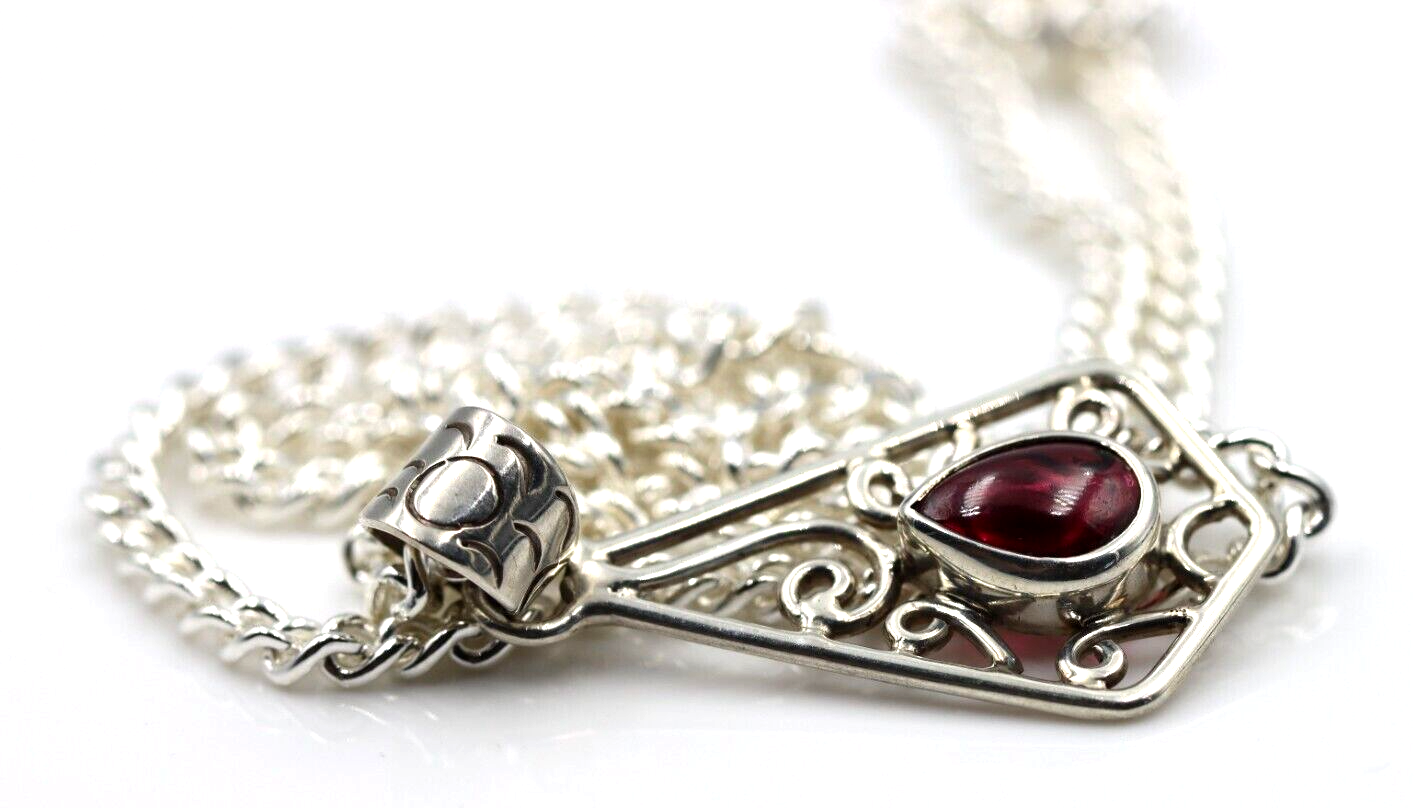 Sterling Silver 925 Cabochon Ruby Swirl Pendant + 55cm Chain/Necklace