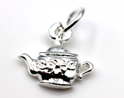 Sterling Silver 925 Teapot Flower Tea Pot Charm Pendant