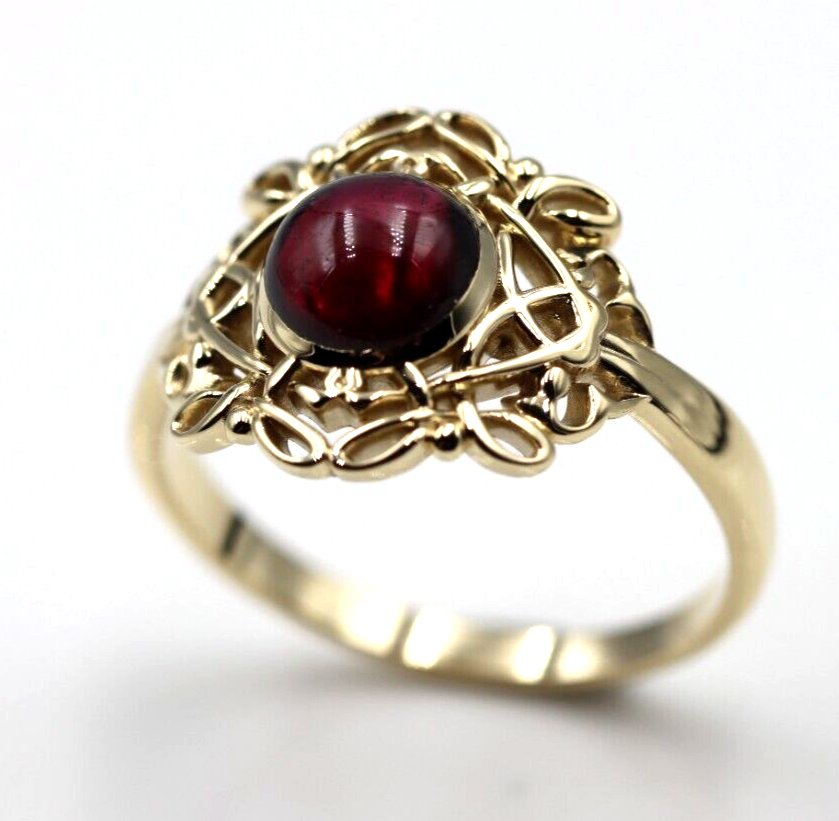 Size R - Genuine 9ct 9k 375 Yellow, Rose or White Gold Round Red Cabochon Garnet Fancy Filigree Ring
