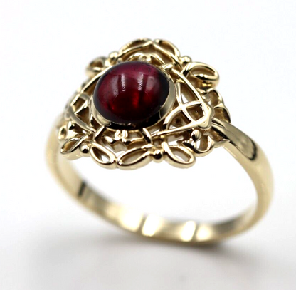 Size R - Genuine 9ct 9k 375 Yellow, Rose or White Gold Round Red Cabochon Garnet Fancy Filigree Ring