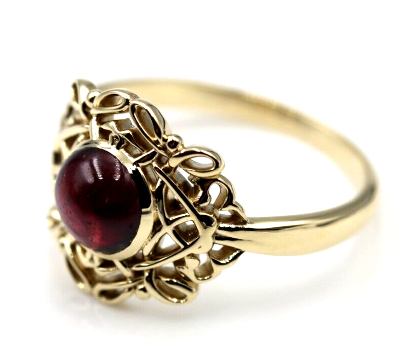 Size R - Genuine 9ct 9k 375 Yellow, Rose or White Gold Round Red Cabochon Garnet Fancy Filigree Ring