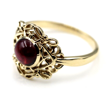 Size R - Genuine 9ct 9k 375 Yellow, Rose or White Gold Round Red Cabochon Garnet Fancy Filigree Ring