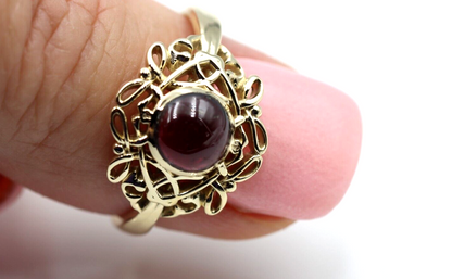 Size R - Genuine 9ct 9k 375 Yellow, Rose or White Gold Round Red Cabochon Garnet Fancy Filigree Ring
