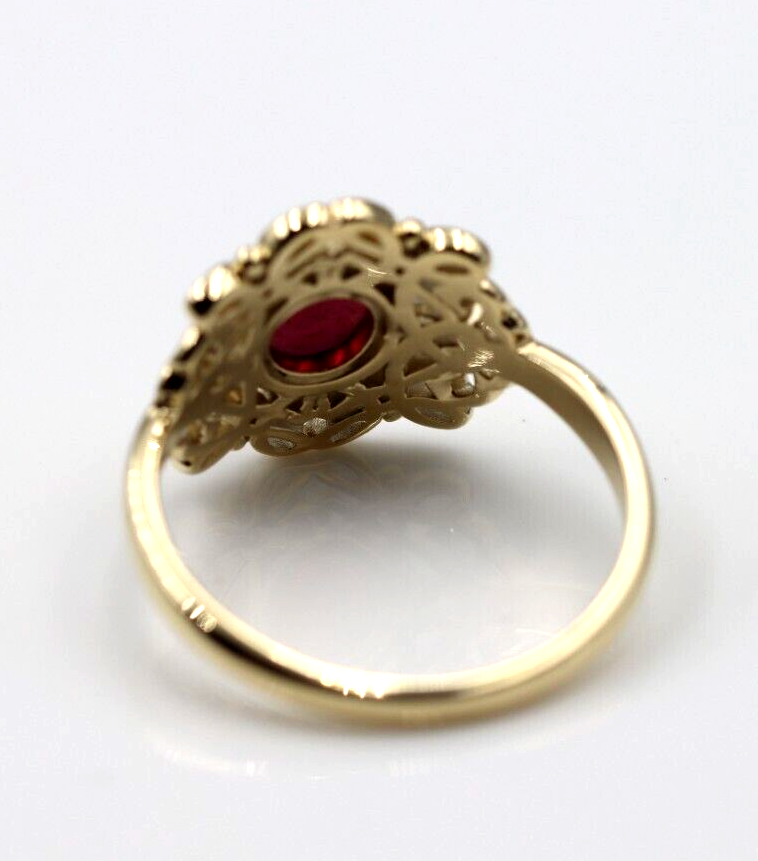 Size R - Genuine 9ct 9k 375 Yellow, Rose or White Gold Round Red Cabochon Garnet Fancy Filigree Ring