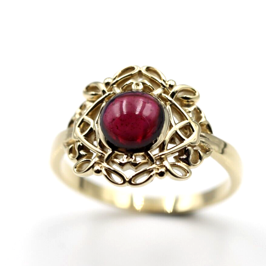 Size R - Genuine 9ct 9k 375 Yellow, Rose or White Gold Round Red Cabochon Garnet Fancy Filigree Ring